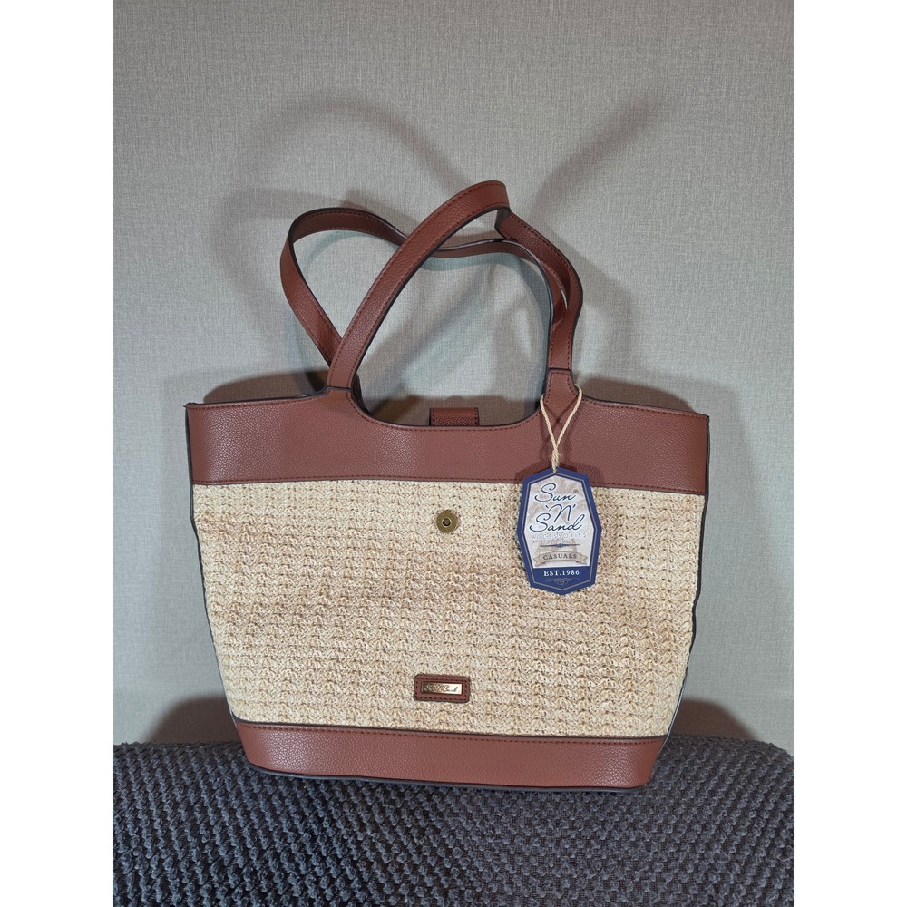 Sun N Sand Accessories Casuals Straw Tote Bag Brown Faux Leather Trim New